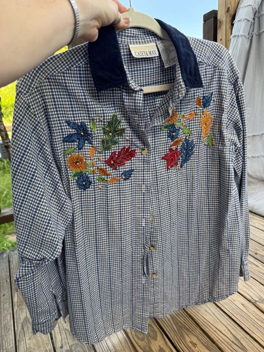 Casey & Max Vintage Fall Embroidered Gingham Button Down Shirt
